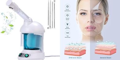 DYB Nano Ionic Facial Steamer: Portable, 360° rotation, with headband & tools.
