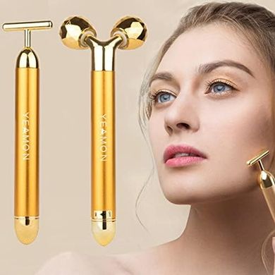 Yeamon 2-in-1 Golden Facial Massager: 3D Roller & T-Shape Tool
