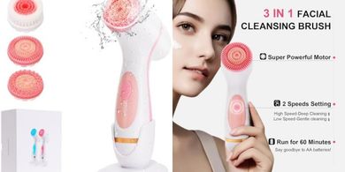 Rechargeable 3-in-1 Facial Cleansing Brush (Waterproof, Pink)
